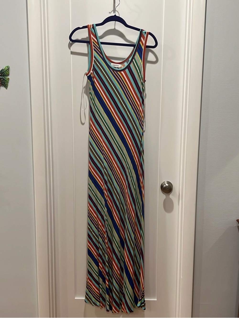 Calvin Klein Diagonal Striped Sleeveless Maxi Dress in Blue, Green, Orange
